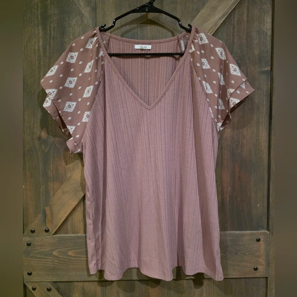 Maurices Dusty Pink V-Neck Blouse with Geometric Flutter Sleeves- Plus Size XXL